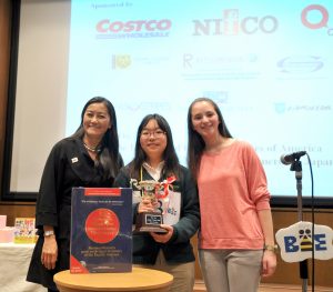 The 3rd Japan Times Bee , Spelling Bee, Winner, No. 23, Haruka Masuda, (12), (center), Makuhari Interrnational School, Yukiko Ogasawara, Japan Times publisher and The 1st Japan Times chanpion., at Nifco Hall on March 10, 2012 . MIURA PHOTO.