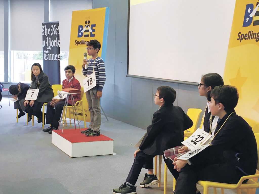 Kshitij Kumar from Kakegawa International Christian School spells a word during the 10th Japan Times Bee on March 10, 2019. | SAYURI DAIMON